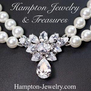 Dazzling Sterling Silver CZs Double Strand Simulated Pearl Necklace